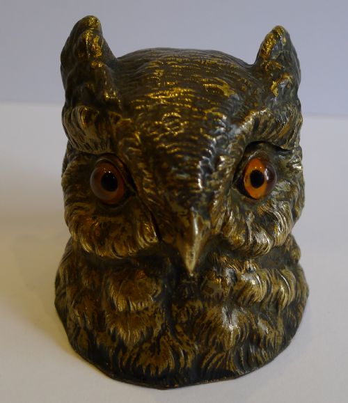 Antique English Figural Inkwell - Owl - Original Glass Eyes C.1890