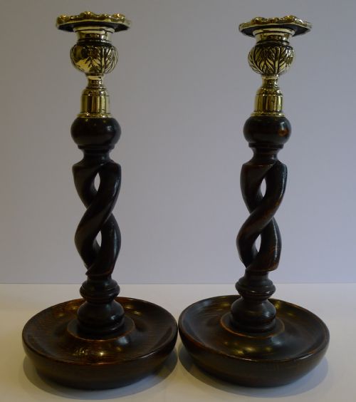 Pair Antique English 10" Oak Open Barley Twist Candlesticks - Brass Thistle Tops