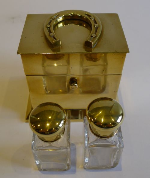 Charming Antique English Equestrian Perfume Bottle Box in Brass C.1890 - Horseshoe