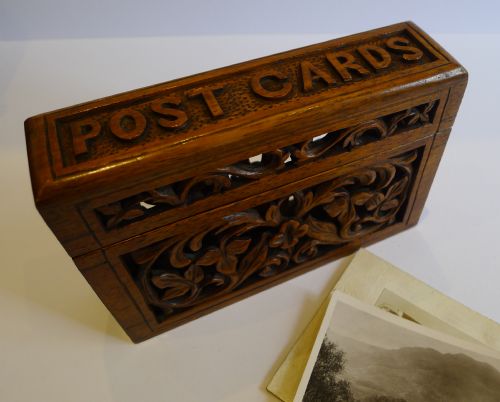 Antique English Carved Walnut "Post Cards" Box C.1890