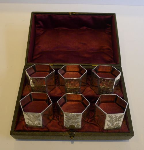 Antique English Set Six Silver Plated Napkin Rings - Fern Engraved C.1890