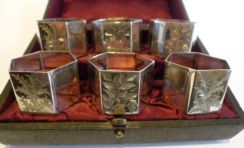 fig 1. Antique English Set Six Silver Plated Napkin Rings - Fern Engraved c.1890