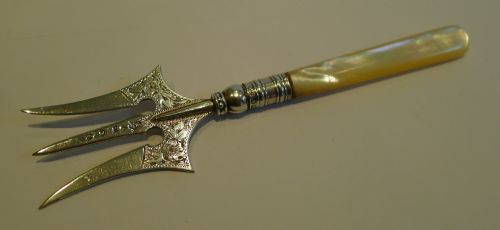 fig 1. Antique English Sterling Silver & Mother of Pearl Bread Fork - Birmingham 1898