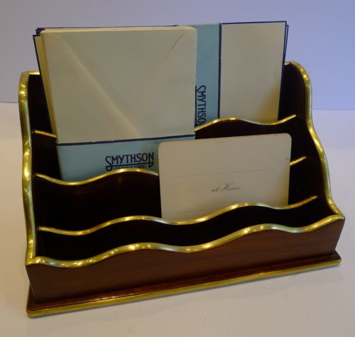Antique French Mahogany & Brass Stationery Caddy / Letter Holder C.1900