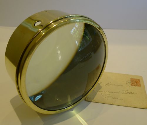 Mammoth English Antique Brass Desk Magnifying Glass / Paperweight C.1910
