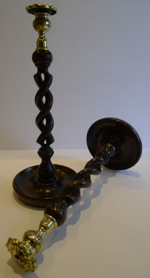 Towering Pair 14" Solid Oak Open Barley Twist Candlesticks - Brass Thistle Tops