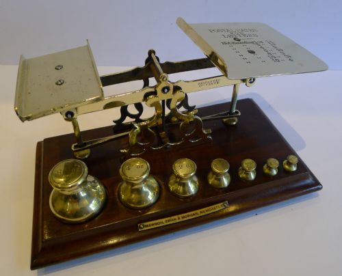 Antique English Mahogany & Brass Postal Scales - Fabulous Waisted Weights