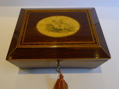 Antique English Partridge Wood Table Box - Mother & Child - Regency C.1820