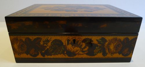 fig 1. Antique Tunbridge Ware Box by Thomas Barton, Late Nye (original label) c.1850