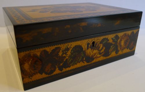 fig 2. Antique Tunbridge Ware Box by Thomas Barton, Late Nye (original label) c.1850