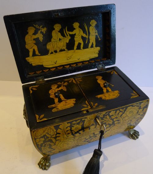 Antique English Chinoiserie Penwork Double Compartment Tea Caddy C.1820