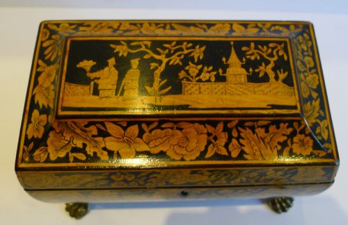 fig 1. Antique English Chinoiserie Penwork Double Compartment Tea Caddy c.1820