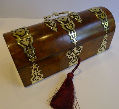 Antique English Domed Burl Walnut Glove Box - Brass Mounted C.1860