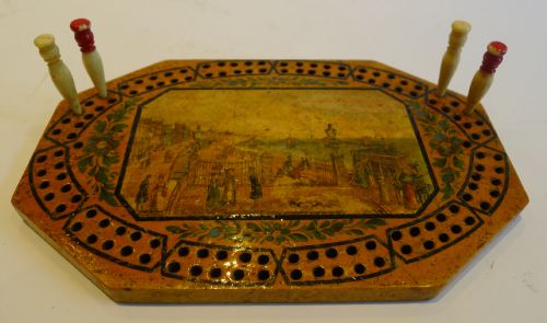 Rare Early Painted Tunbridge Ware Cribbage Board - Brighton, C.1820
