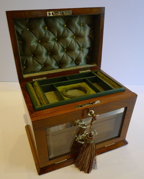 Antique English Walnut Jewellery Box with Glazed Fall-front C.1900