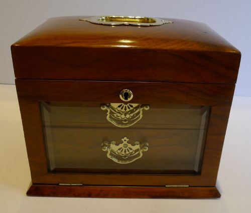 fig 1. Antique English Walnut Jewellery Box With Glazed Fall-Front c.1900