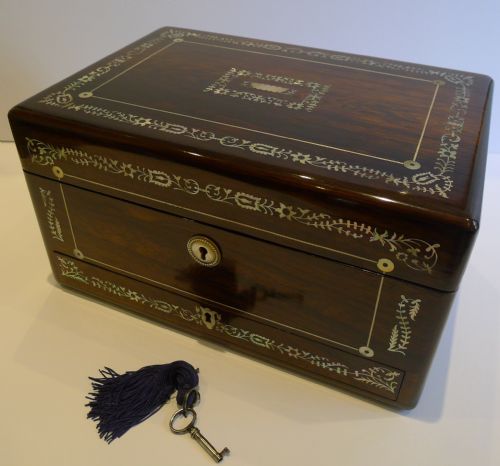 Fabulous Large English William IV Mother or Pearl Inlaid Rosewood Jewelry Box C.1835
