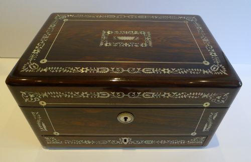 fig 1. Fabulous Large English William IV Mother or Pearl Inlaid Rosewood Jewelry Box c.1835