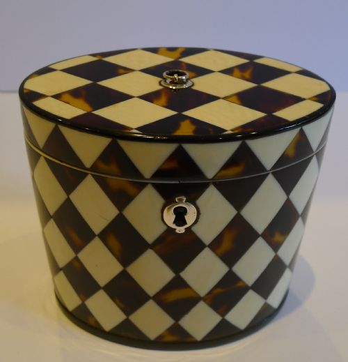 Rare Antique English Oval Tea Caddy in Tortoiseshell & Ivory - Harlequin Design C.1810