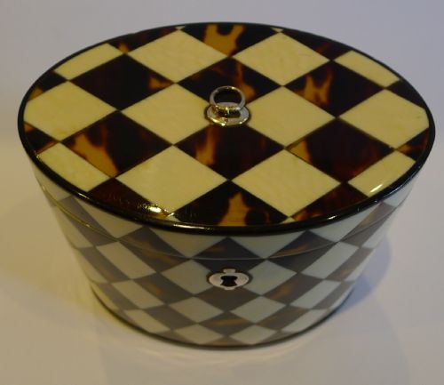 fig 1. Rare Antique English Oval Tea Caddy In Tortoiseshell & Ivory - Harlequin Design c.1810