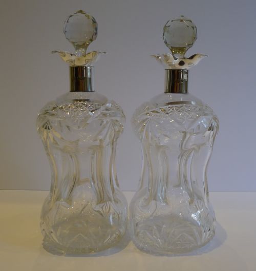 Top Notch Pair of Cut Crystal & Sterling Silver Decanters by William Hutton & Sons