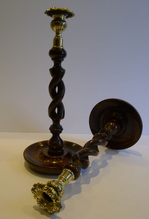 Pair Antique English Oak Open Barley Twist Candlesticks - Brass Thistle Tops