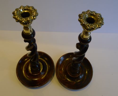 fig 1. Pair Antique English Oak Open Barley Twist Candlesticks - Brass Thistle Tops