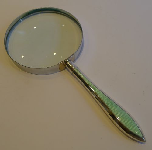 Large Sterling Silver and Green Guilloche Enamel Magnifying Glass