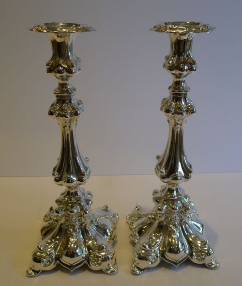 Pair Grand Antique English Silver Plated Candlesticks C.1890