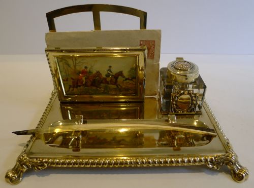 Antique English Hunting Themed Inkstand / Inkwell C.1900