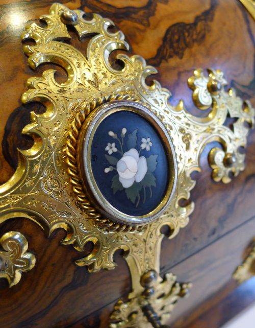 fig 1. Museum Quality Burr Walnut Stationery Box, Fine Engraved Gilded Mounts With Pietra Dura