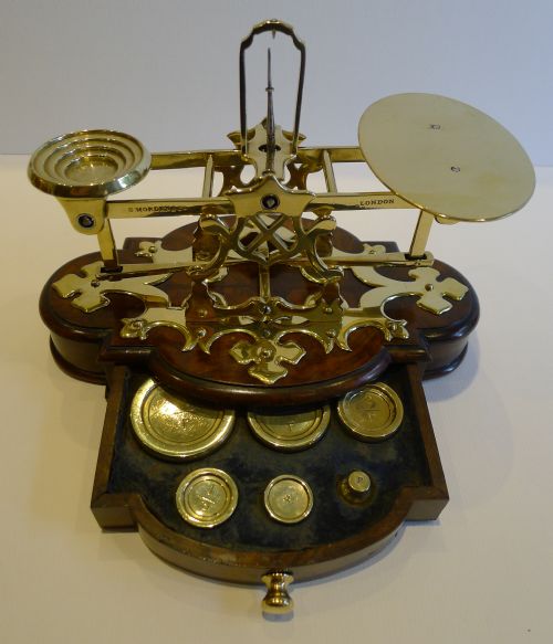 Rare Antique English Burr Walnut Postal Scale by Sampson Mordan C.1860