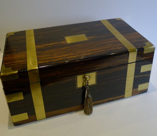 Huge Impressive Antique English Brass Bound Coromandel Writing Slope / Lap Desk C.1860
