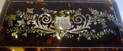 fig 1. Stunning Antique English Mother of Pearl Inlaid Tortoise Shell Tea Caddy c.1850