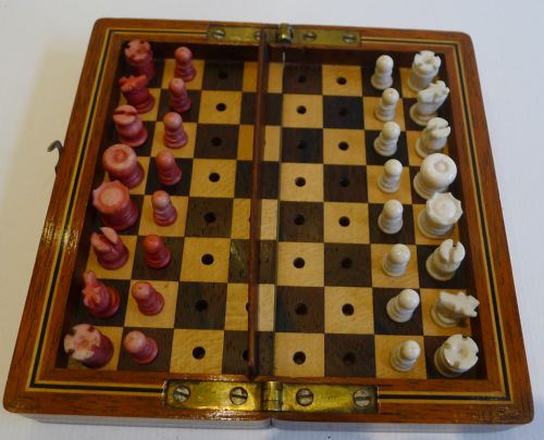 Antique English Mahogany Travel Chess Set C.1880