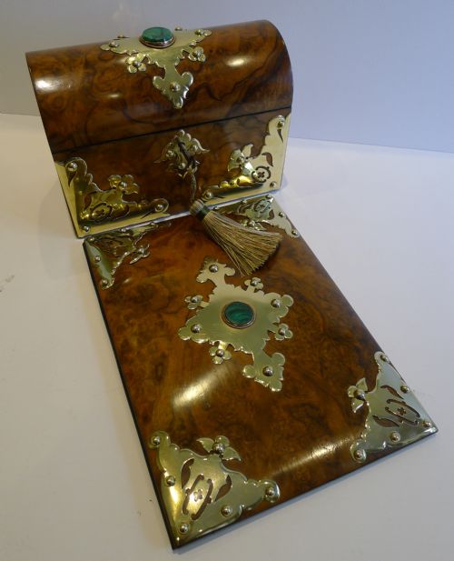 Antique Burl Walnut Desk Set - Brass & Malachite Mounted C.1860