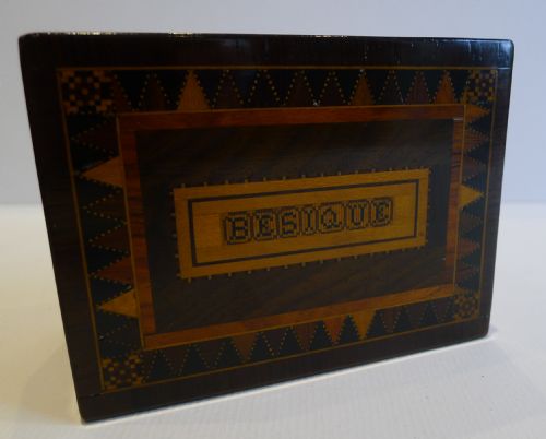 Antique English Walnut & Tunbridge Ware "Besique" Playing Card Box C.1880