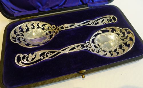 Finest Pair Antique English Reticulated & Hand Engraved Serving Spoons