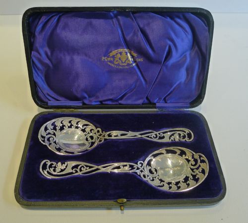 fig 1. Finest Pair Antique English Reticulated & Hand Engraved Serving Spoons