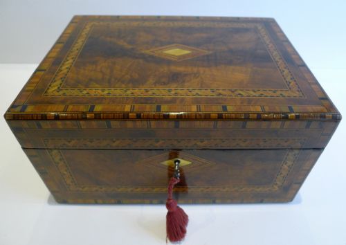 Antique English Burl Walnut and Tunbridge Inlaid Jewelry or Desk Box C.1860