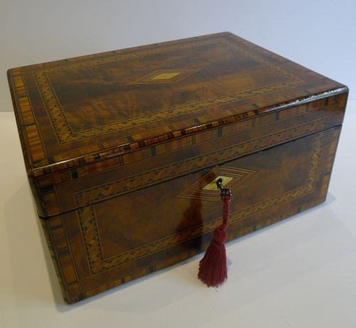 fig 1. Antique English Burl Walnut and Tunbridge Inlaid Jewelry or Desk Box c.1860