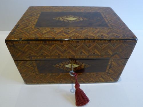 Antique English Burl Walnut and Tunbridge Inlaid Jewelry or Desk Box C.1860
