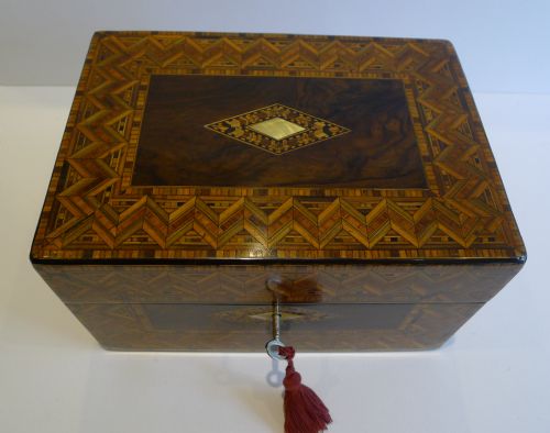 fig 1. Antique English Burl Walnut and Tunbridge Inlaid Jewelry or Desk Box c.1860