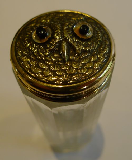 Antique English Vanity Jar - Brass Owl with Glass Eyes C.1900