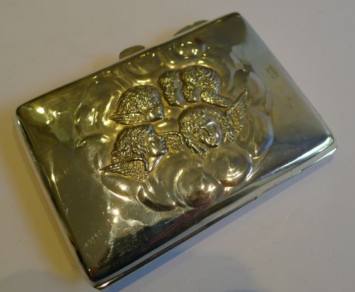 Top-notch Antique English Sterling Silver Card Case - Reynold's Angels / Cherubs.