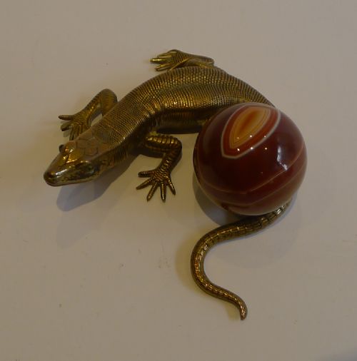 Antique English Figural Brass or Bronze & Agate Paperweight - Glass Eyes