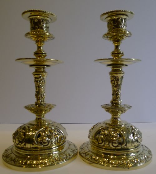 Unusual & Grand Pair Antique English Brass Candlesticks C.1890