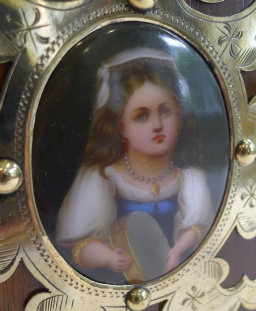 Charming Antique English Walnut Bookslide / Bookends - Hand Painted Porcelain Miniatures C.1880