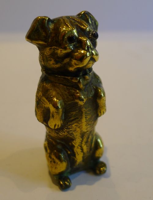 Antique English Figural Brass Vesta with Glass Eyes - Dog, C.1880