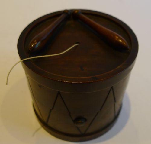 Antique English Novelty Carved Walnut Thread or String Box C.1890 - Drum